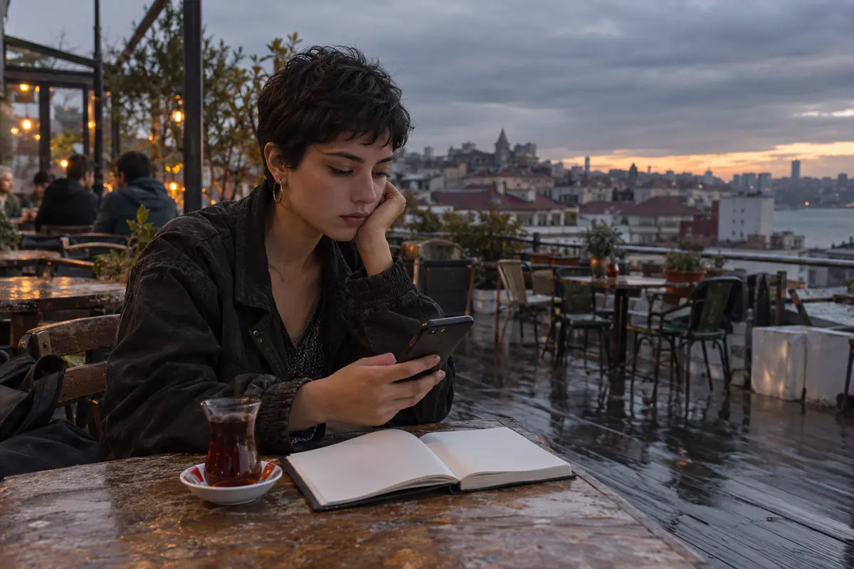 Şehir manzaralı terasta telefonunu inceleyen kısa saçlı genç kadın.