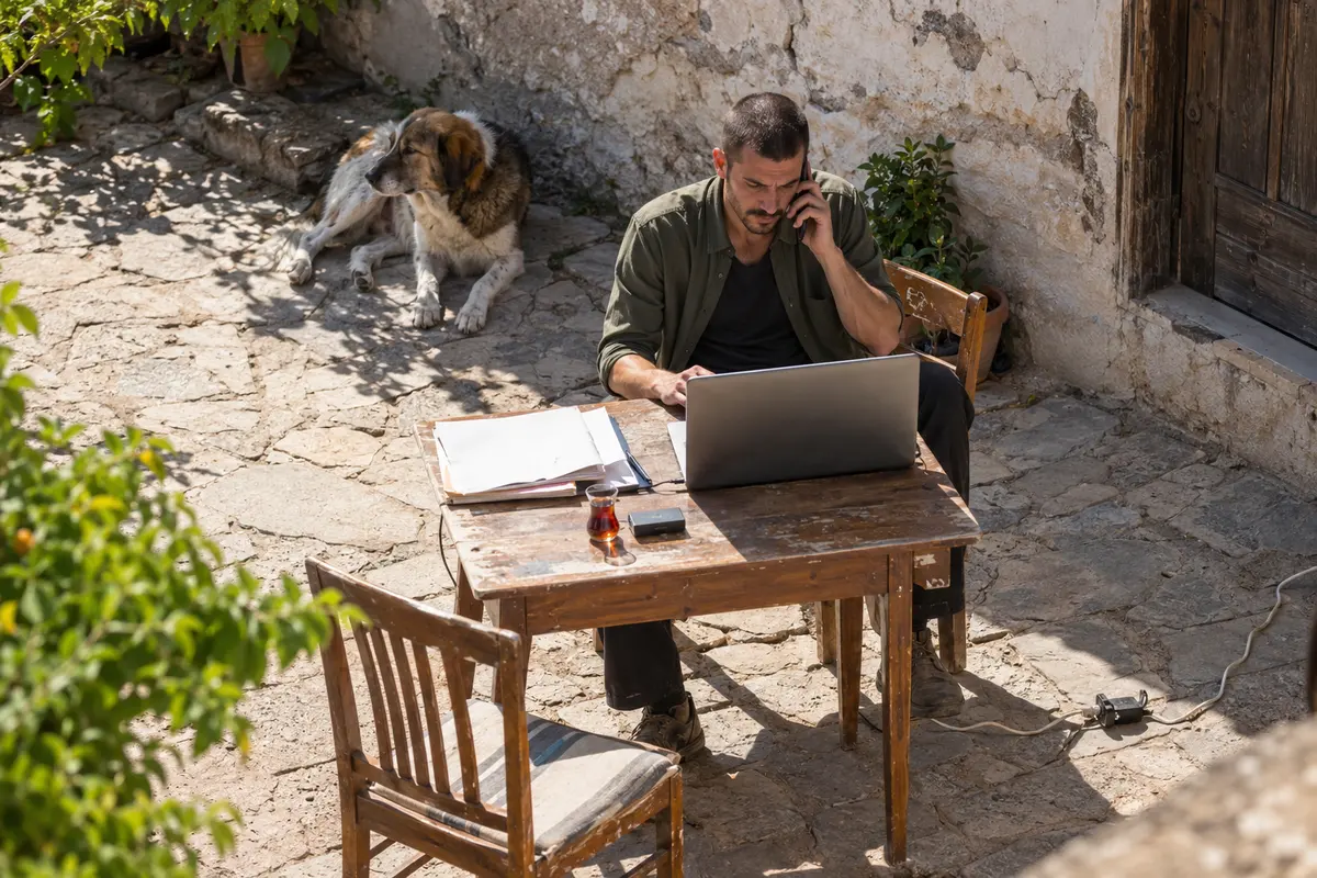 Köy avlusunda bilgisayar başında başvuruları değerlendirirken telefonla konuşan cast görevlisi.