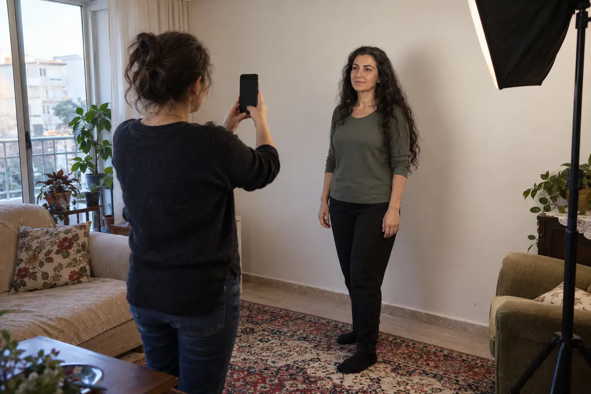 Desenli halılı salonda, sade duvar önünde telefonla başvuru fotoğrafı çekilen uzun saçlı kadın.