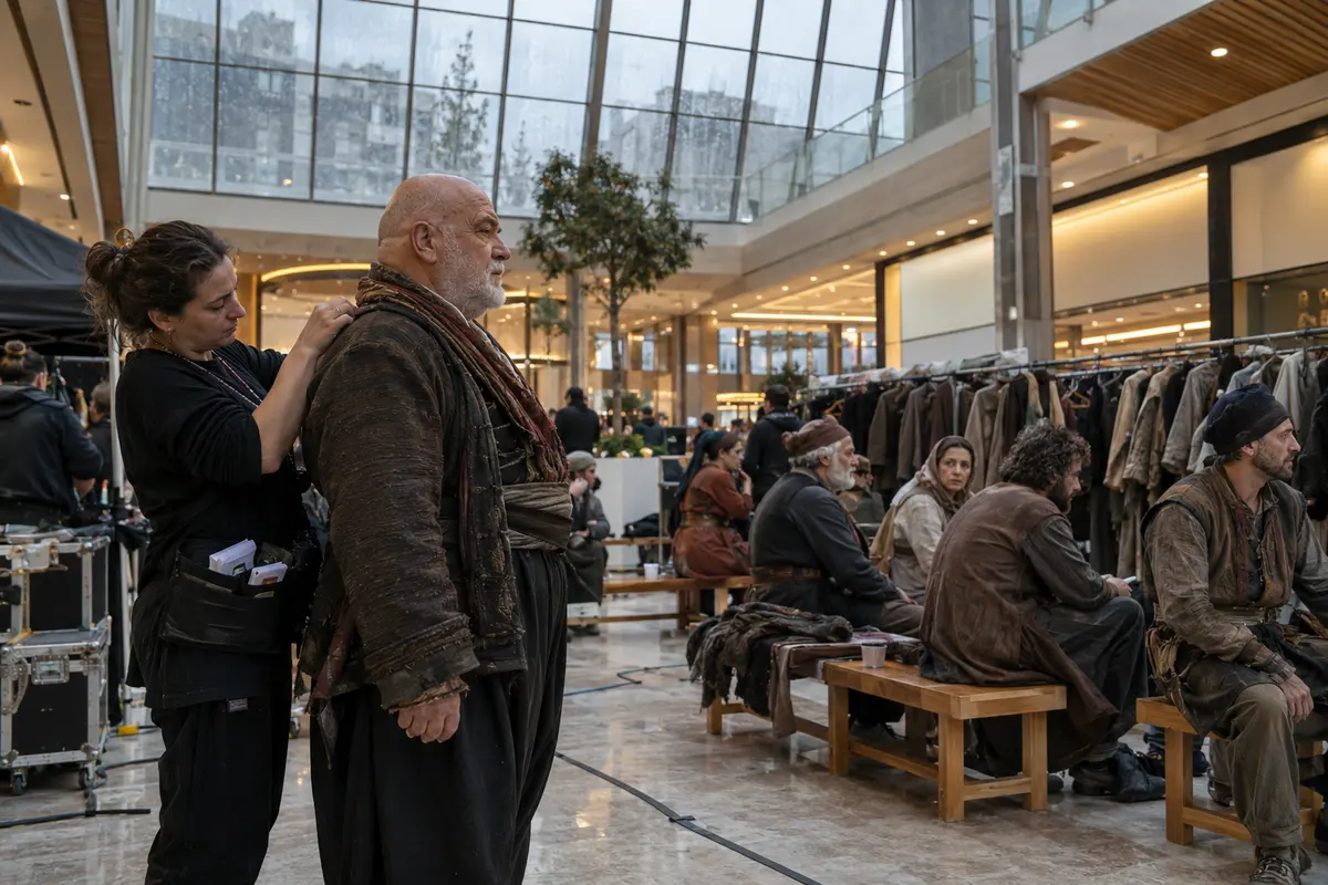 Alışveriş merkezi atriyumunda kostüm görevlisi, yaşlı figüranın ceketini çekim için düzeltiyor.