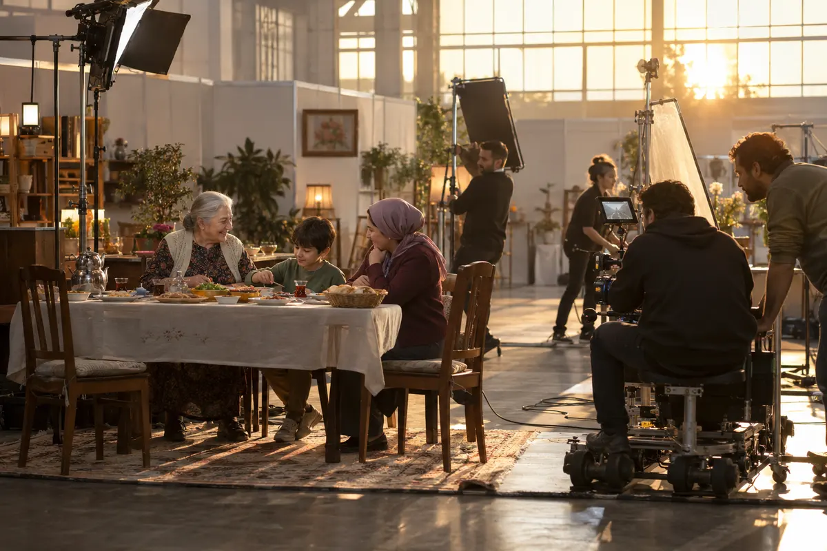 Büyükanne rolündeki yaşlı kadın, çocuk ve annesiyle reklam setinde; kamera ekibi çekime hazırlanıyor.