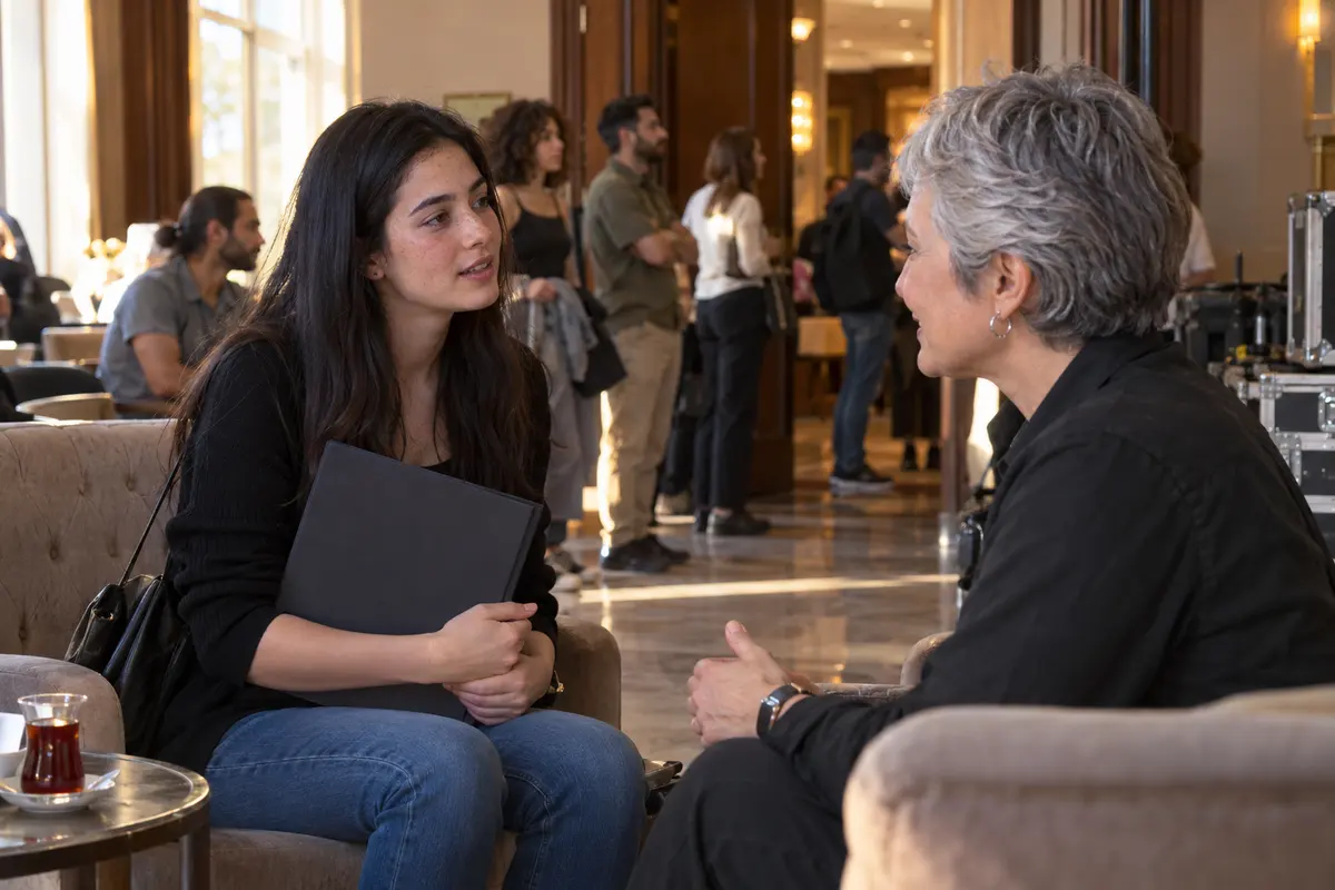 Otelin konferans fuayesinde genç kadın figüran başvurusu hakkında görevliyle konuşuyor.