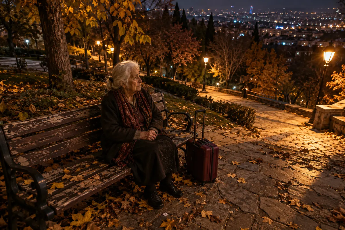 Beyaz saçlı yaşlı bir kadın, Ankara’da sonbahar ağaçlarının altındaki bankta küçük bavuluyla bekliyor.