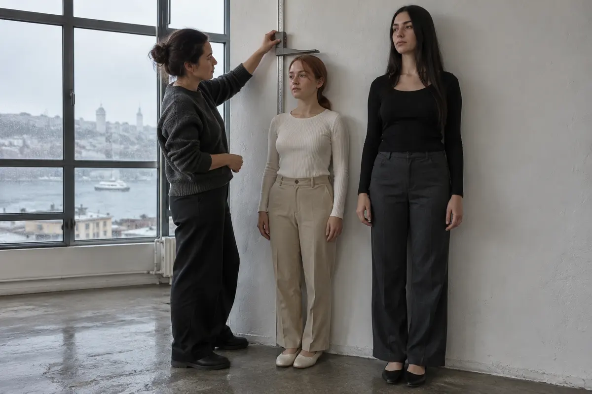 Kast stüdyosunda boyları ölçülen kısa boylu yetişkin model ve yanındaki uzun model.