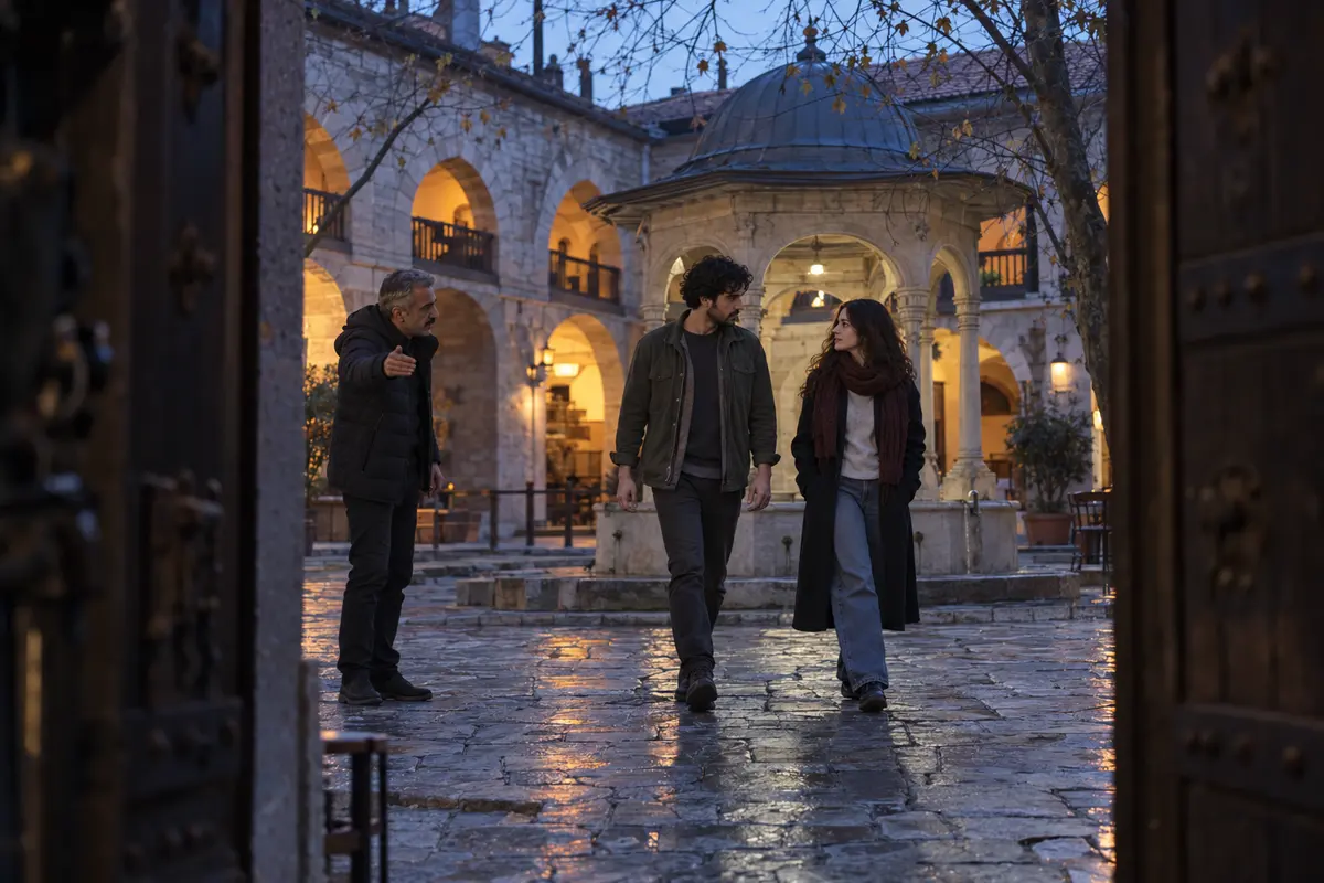 Bursa'da tarihi avluda koreograf eşliğinde yürüyüş provası yapan iki oyuncu