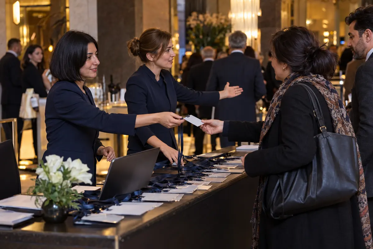 Otel fuayesinde iki etkinlik hostesi kayıt masasında konukları karşılayıp yönlendiriyor.