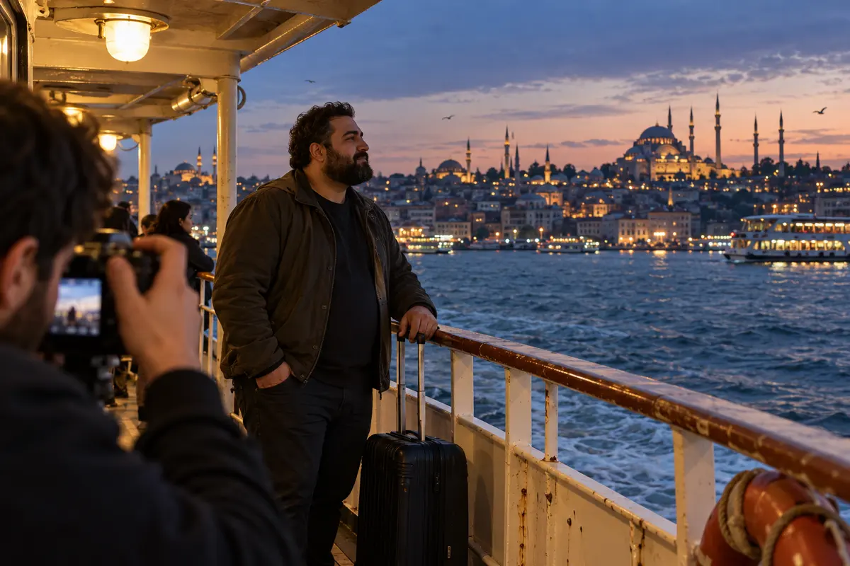 Valiziyle Boğaz vapurunda duran sakallı adam akşam ışığında İstanbul siluetine bakıyor.
