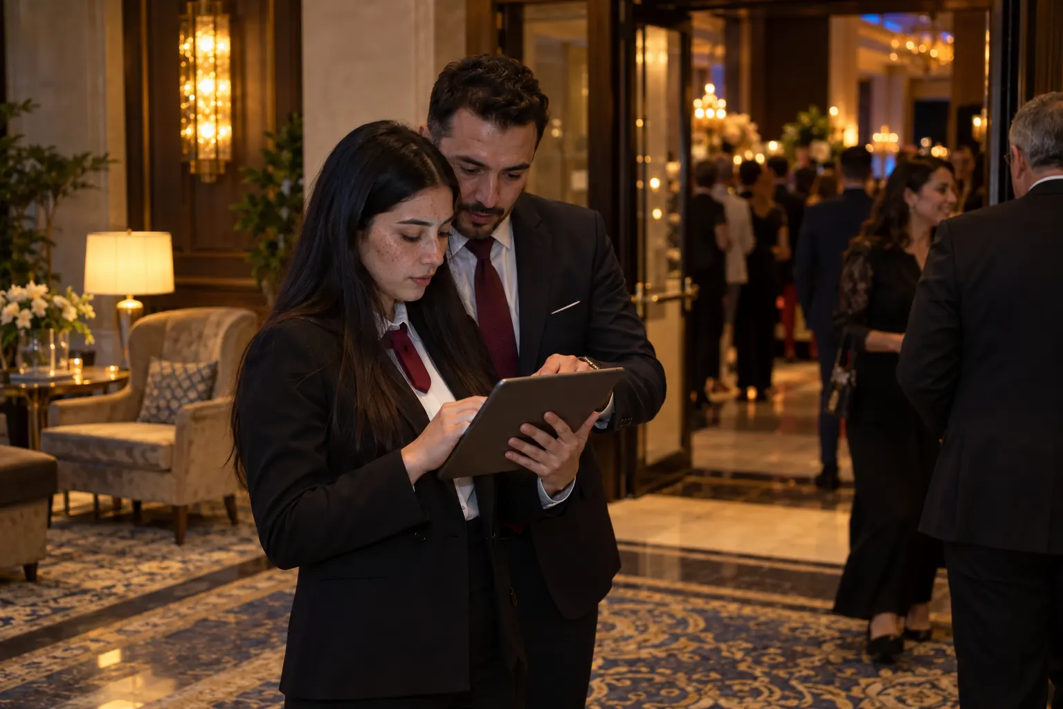 Bursa’da etkinlik girişinde tabletle konukları karşılayan iki görevli.