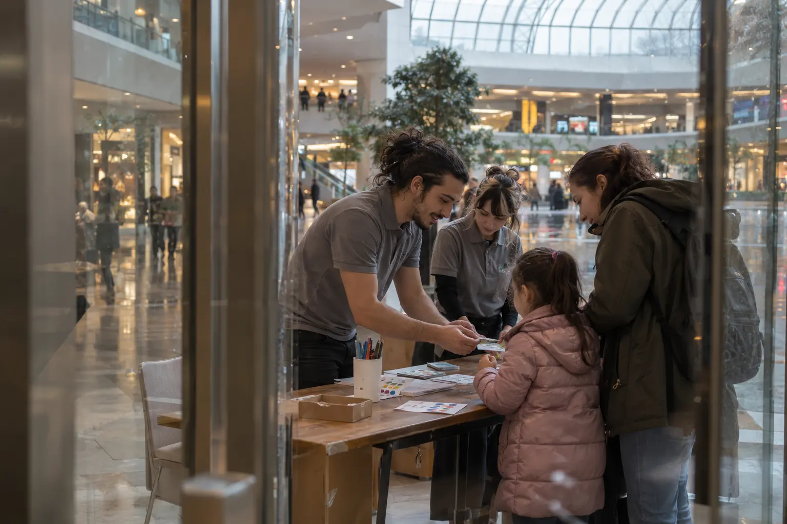 İstanbul'da AVM etkinlik standında aileleri karşılayan iki görevli.