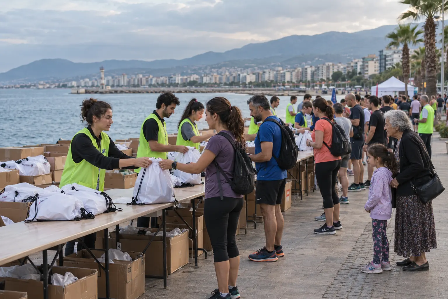 Sahil maratonunda koşuculara yarış kiti dağıtan görevliler ve büyükannesiyle gelen bir çocuk.