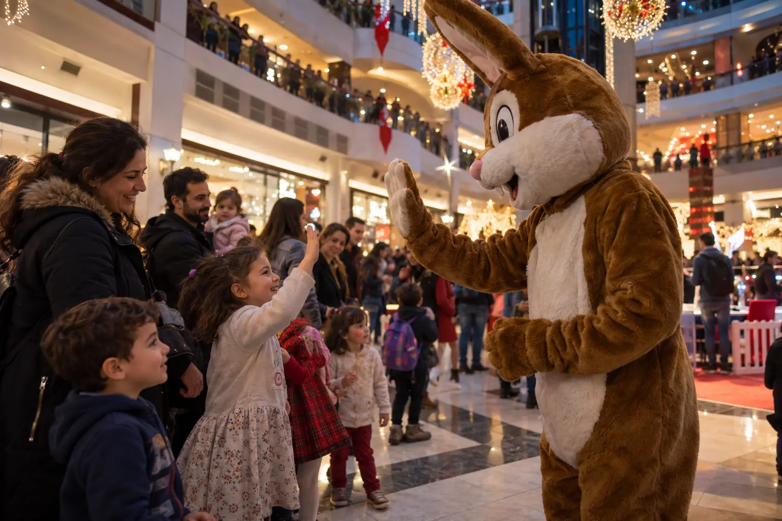 AVM etkinliğinde çocuklara ve ailelerine el sallayan hayvan maskotu.