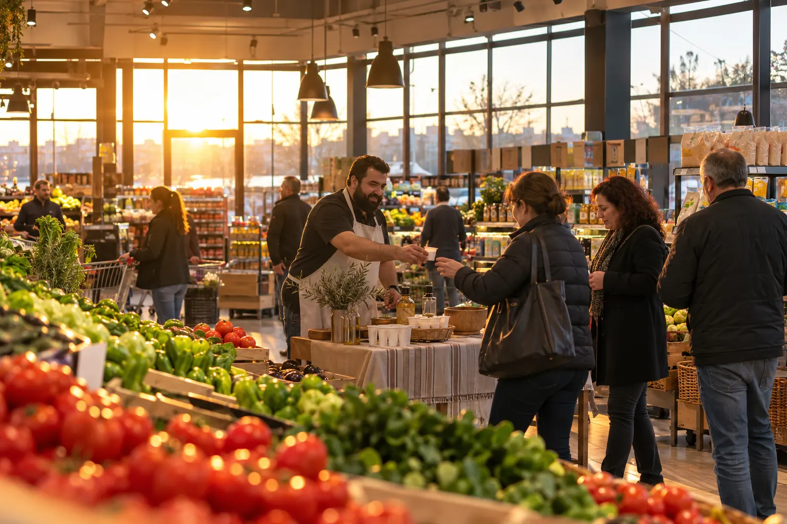 Markette önlüklü tanıtım görevlisinin alışveriş yapanlara küçük tadım bardakları sunması.