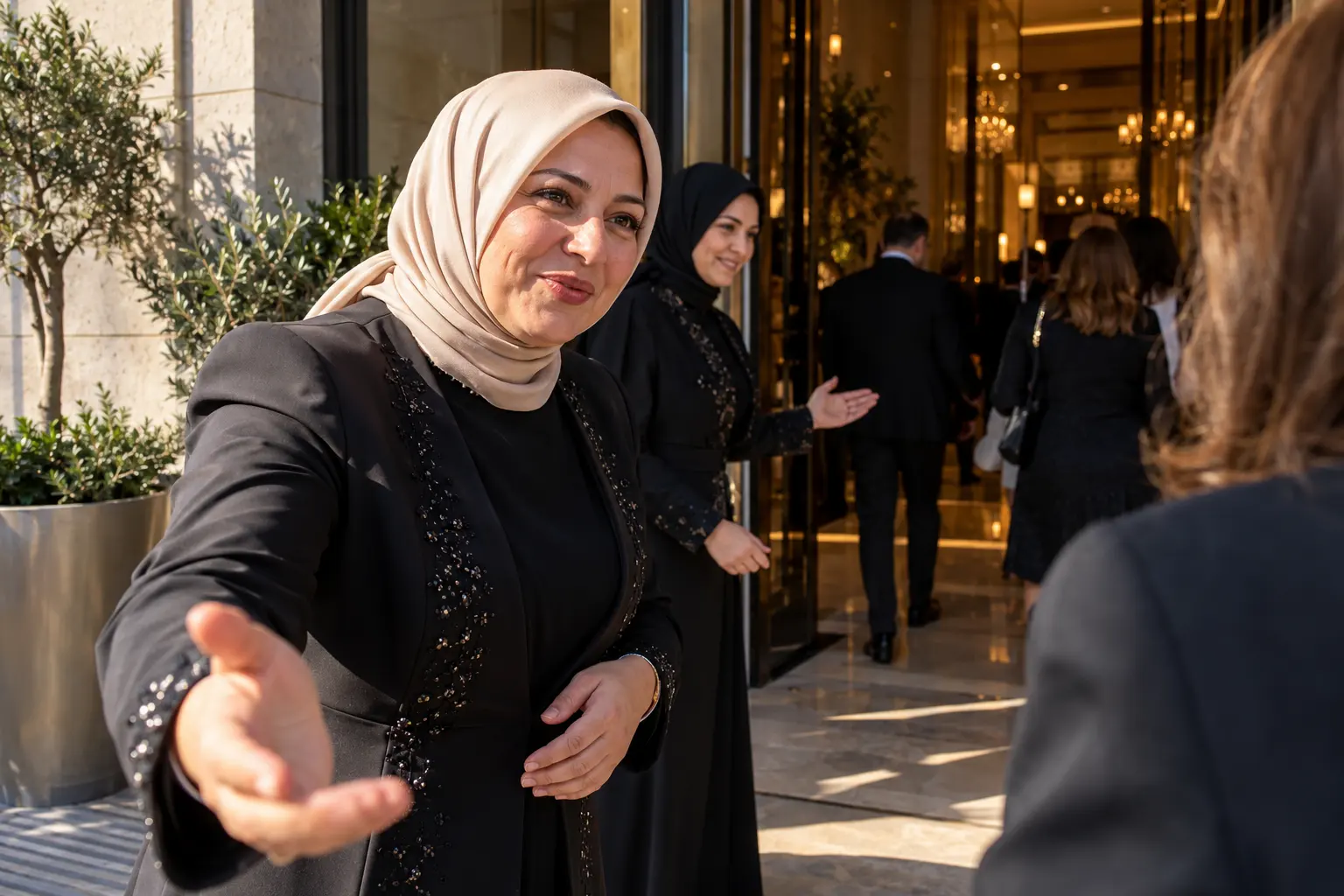 Başörtülü bir hostes, ürün lansmanı mekânının güneşli girişinde konukları karşılıyor.