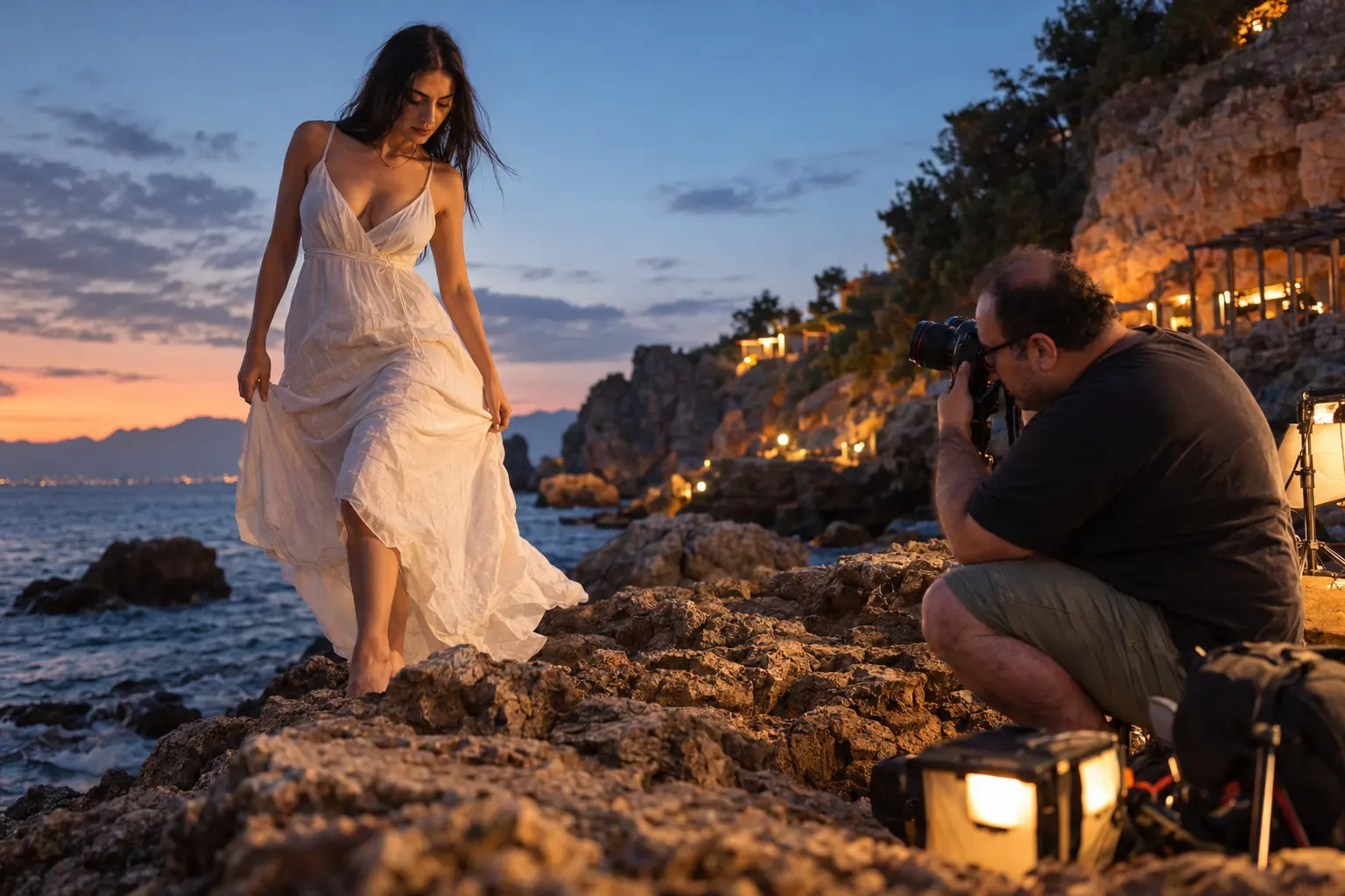 Antalya kıyısında beyaz elbiseli model ve kayalıklarda çekim yapan fotoğrafçı