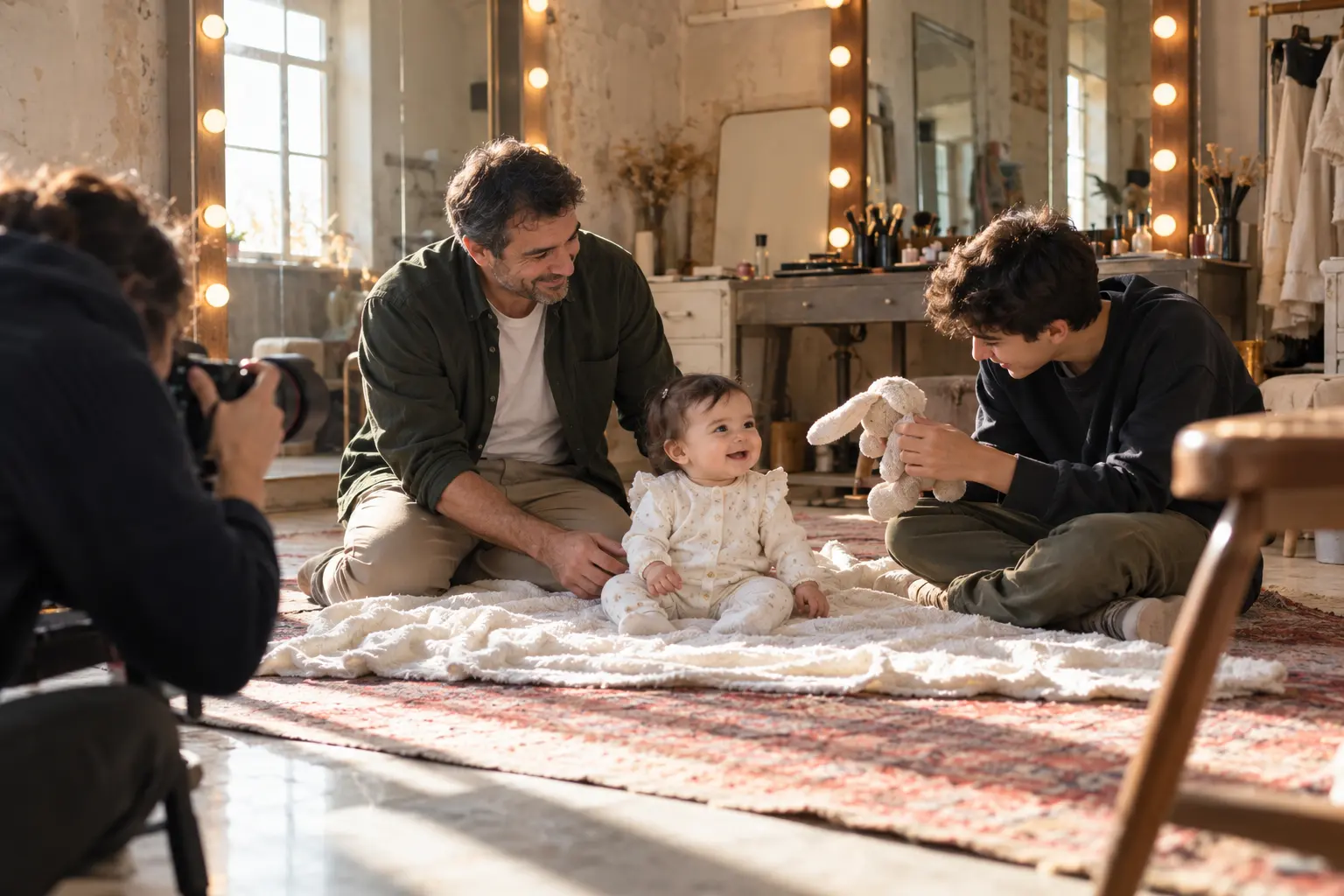 Makyaj odasında babası ve ağabeyi eşliğinde katalog çekimine hazırlanan bebek