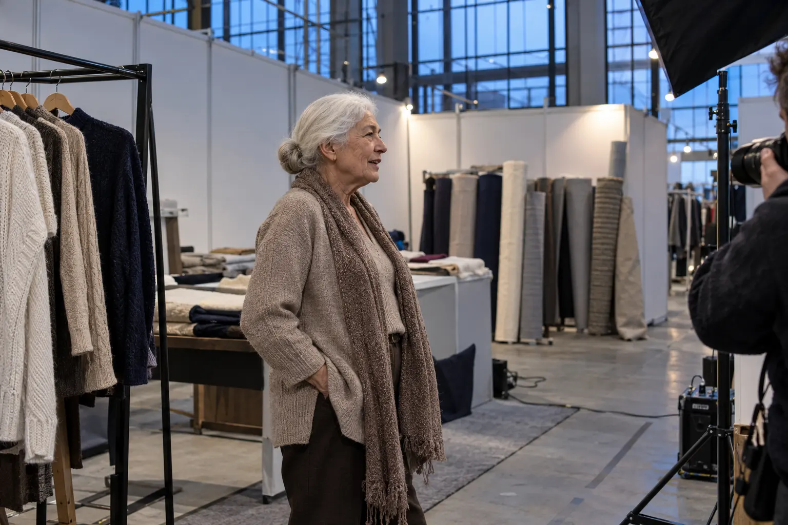 Bursa tekstil fuarındaki katalog çekiminde örgü kıyafetli ileri yaşta kadın model