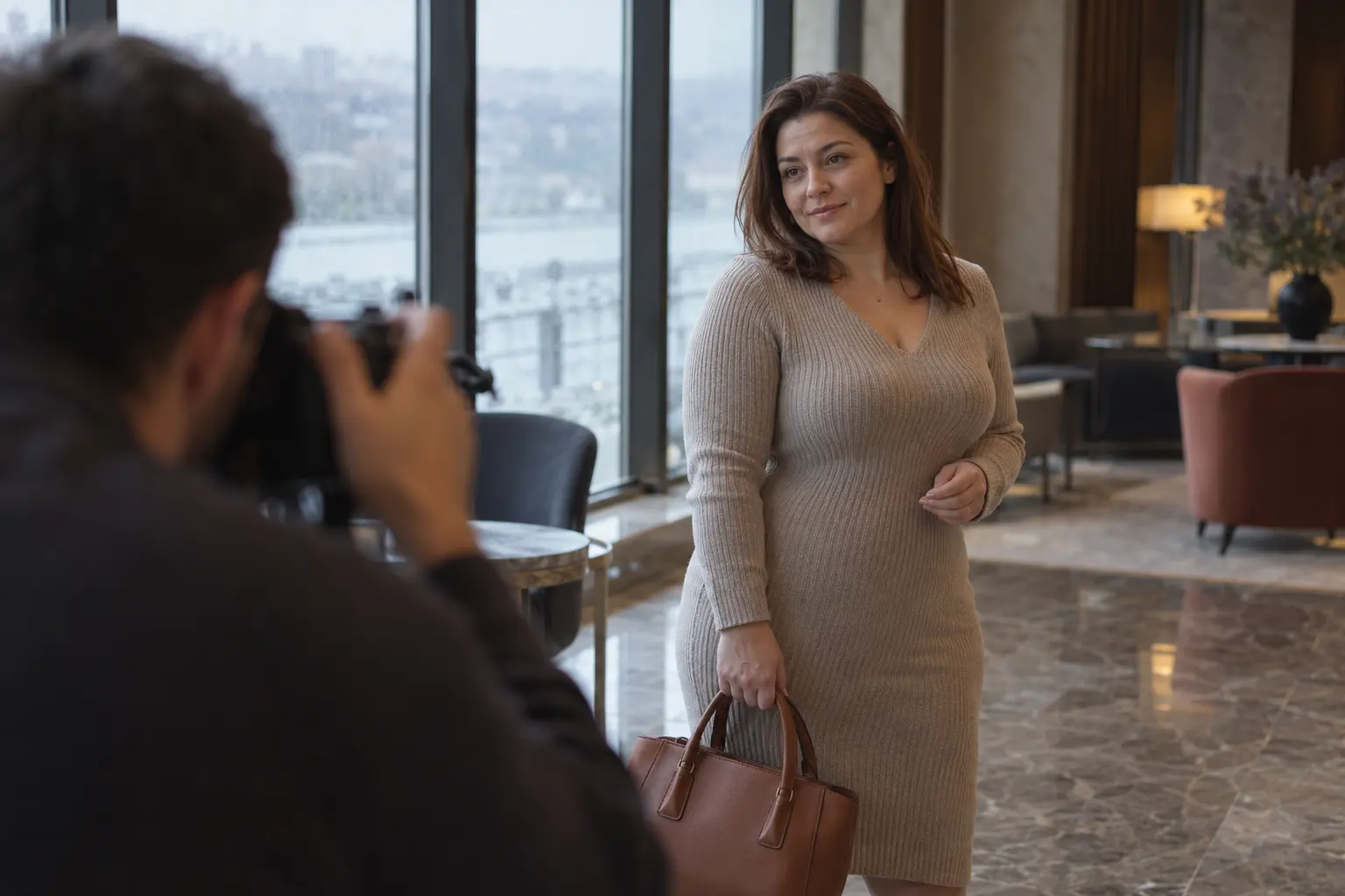 Otel fuayesinde çanta tutan model, fotoğrafçının omzu üzerinden görülüyor.