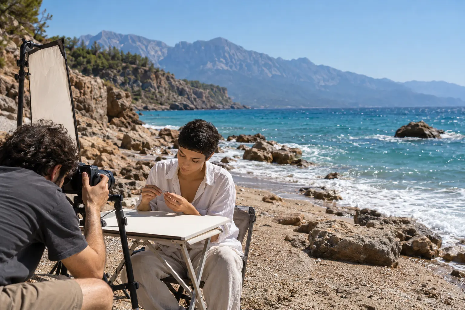 Antalya sahilindeki el modelliği çekiminde genç kadın sade gümüş bir yüzük tutuyor.