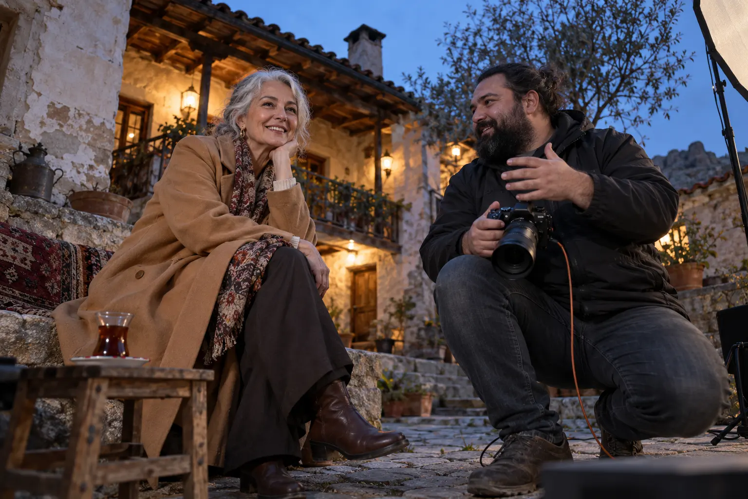 Köy avlusunda katalog çekimine hazırlanan gümüş saçlı olgun kadın ve sakallı fotoğrafçı.