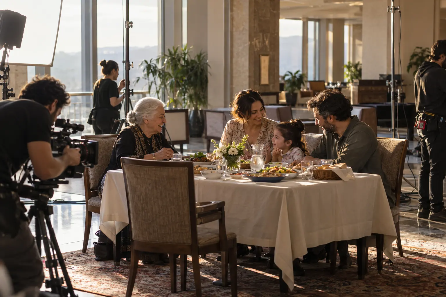 Otel fuayesinde sofra etrafındaki büyükanne, anne, baba ve çocuğun aile klibi çekimi.