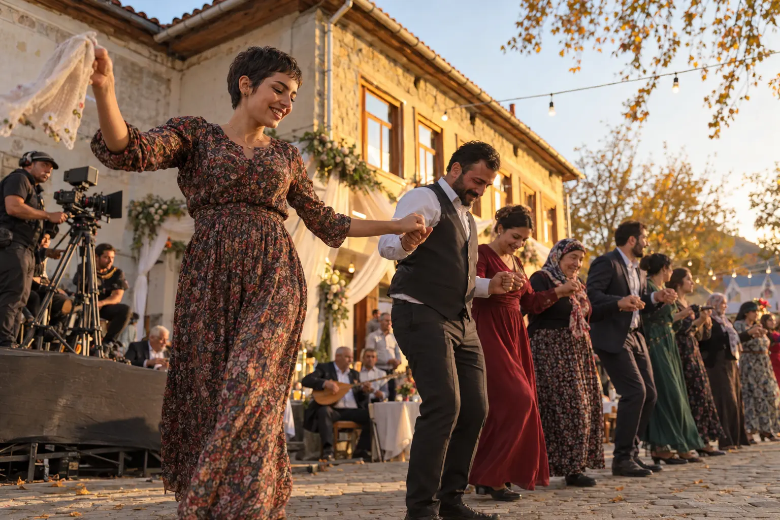 Bursa köy meydanındaki klip çekiminde halay çeken figüranlar ve çekim ekibi.