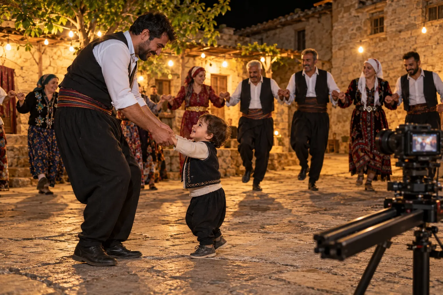 Gece köy avlusunda halay çekilirken küçük çocuğuyla dans eden bir baba.