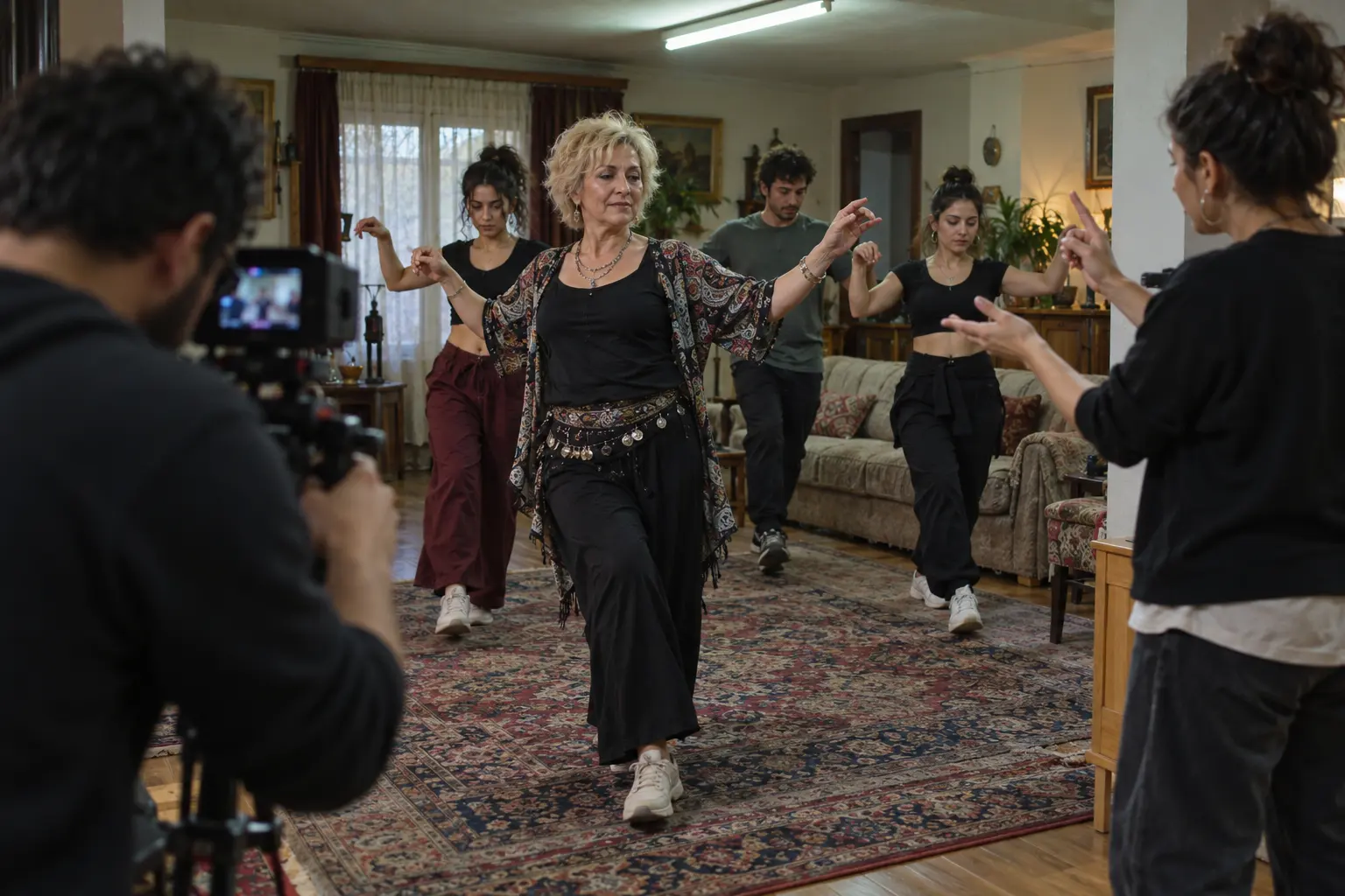 İstanbul'da desenli halılı bir salonda kamera önünde dans provası yapan kadın ve dansçılar.