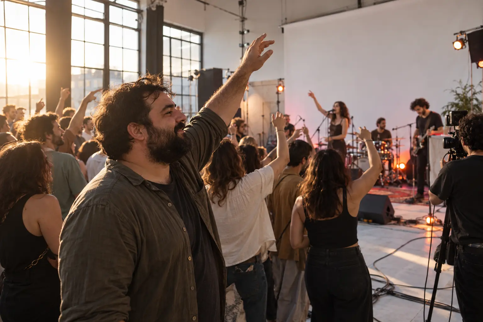 İstanbul'daki konser klibi çekiminde sahneye el kaldıran sakallı erkek ve seyirci figüranları.