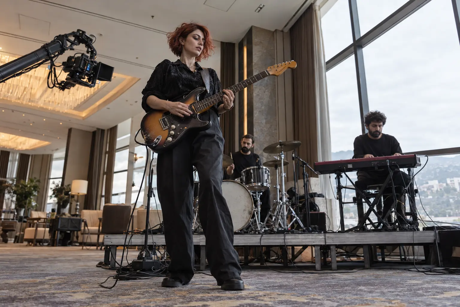 Otel fuayesinde gitar, davul ve klavyeyle performans klibi çeken müzik grubu.