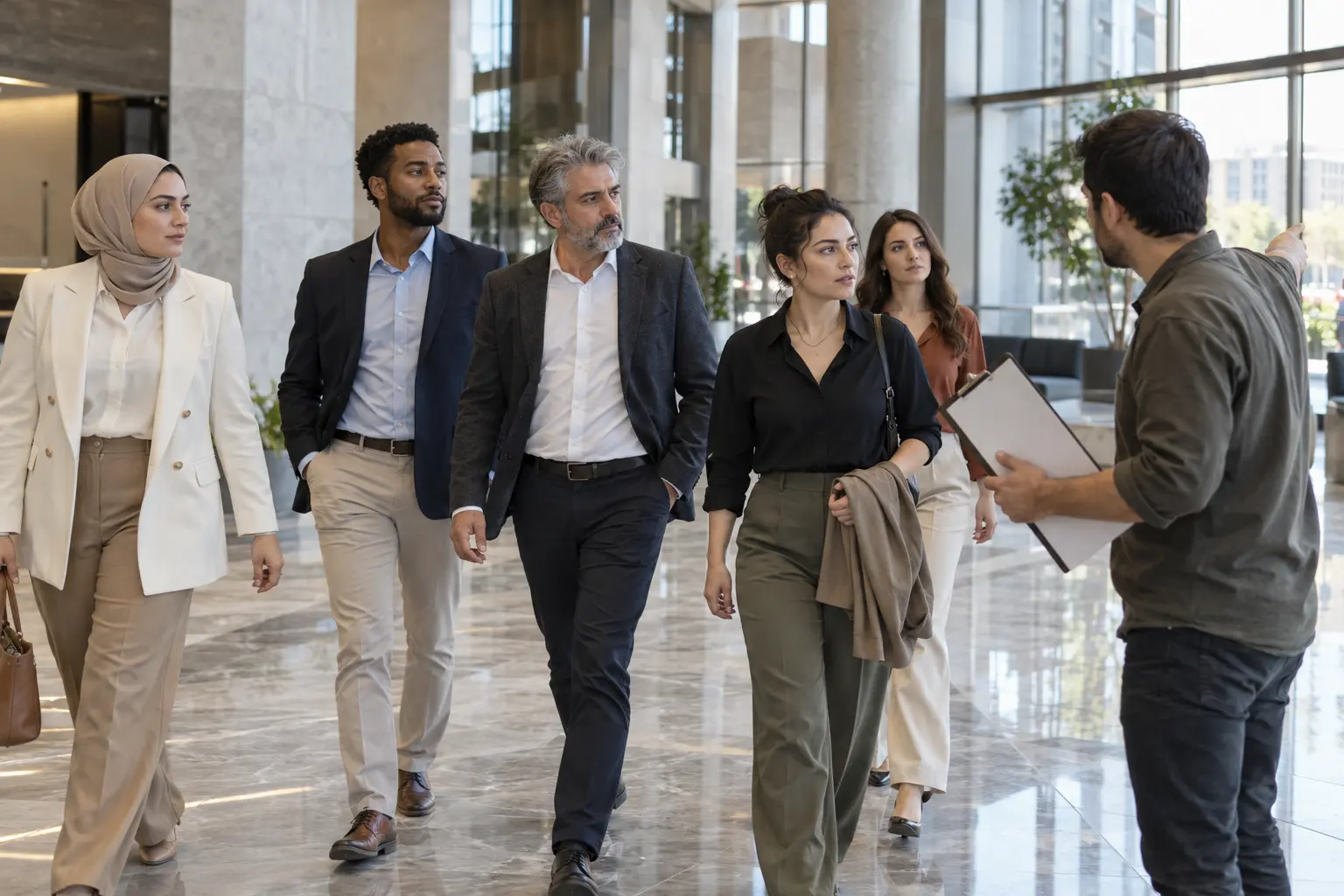 Ankara'da ofis lobisinde yürüyen figüranları yönlendiren yönetmen yardımcısı.