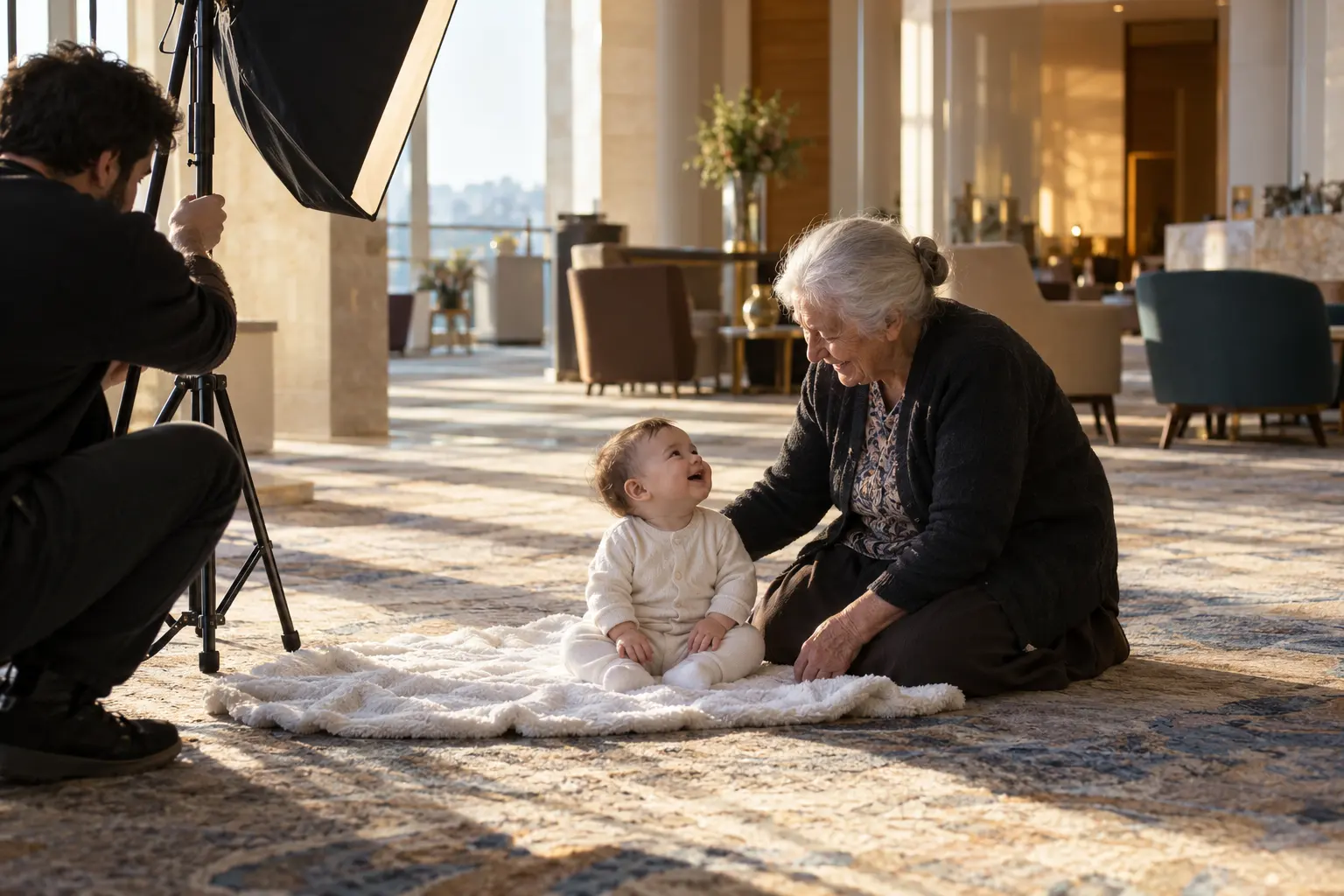 Otel fuayesindeki bebek reklamı çekiminde beyaz örtü üzerinde oturan bebek ve yanındaki büyükannesi.