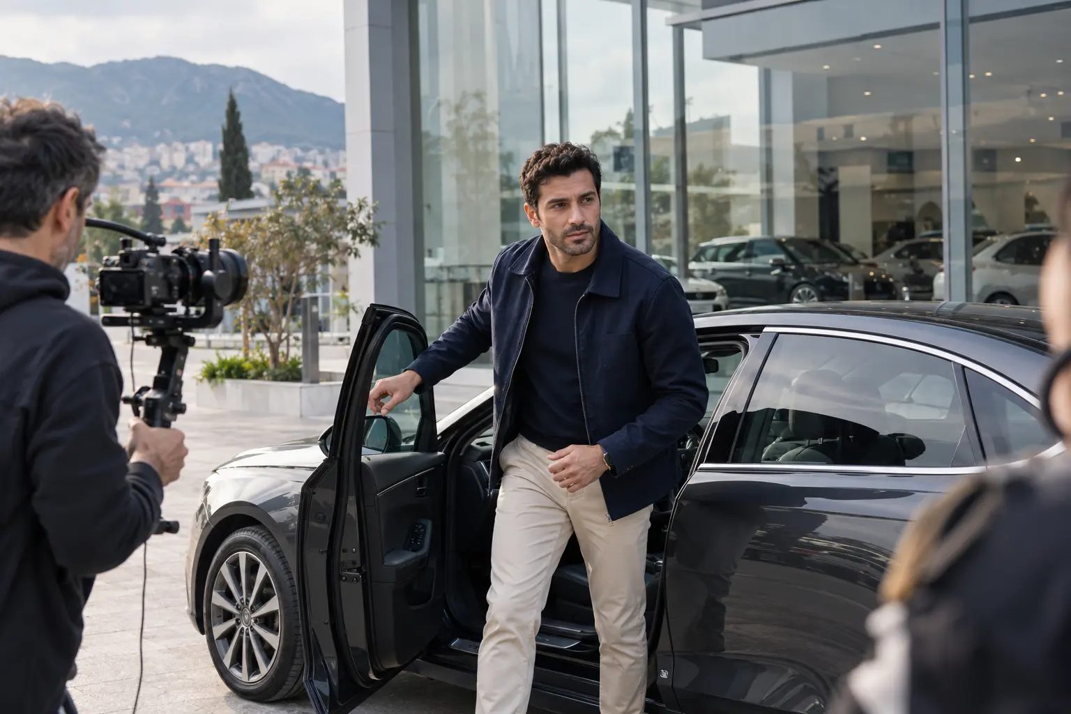 Bursa'da otomobilden inen oyuncuyu showroom önünde gimbal kamerayla çeken ekip.