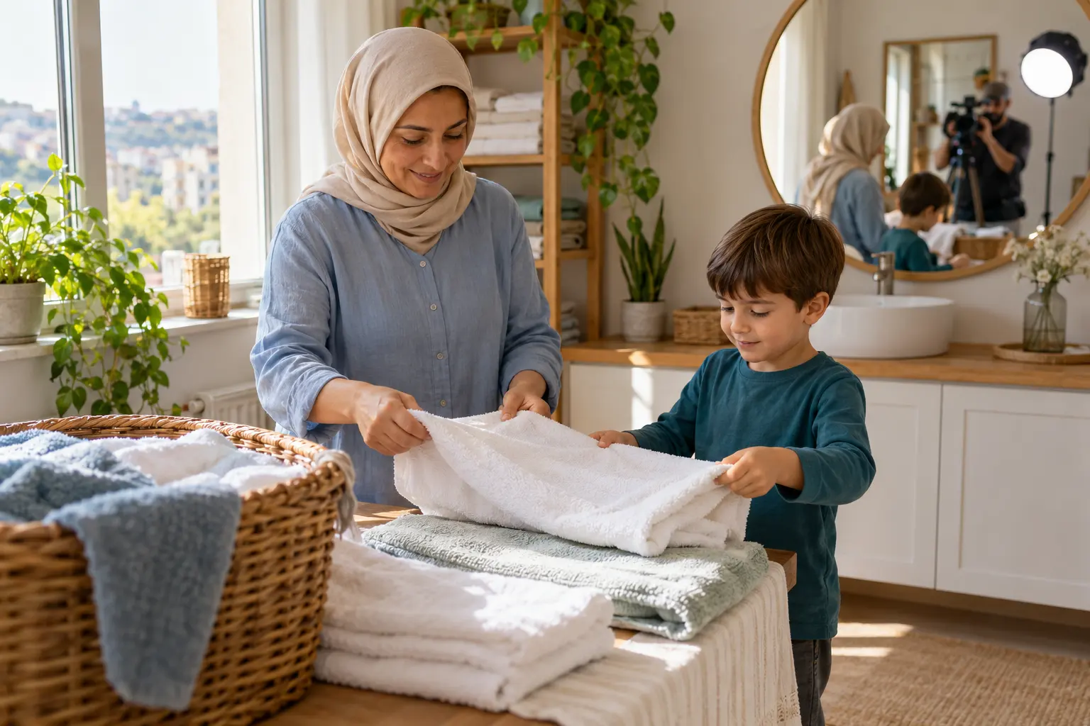 Aydınlık çamaşır köşesinde oğluyla temiz çamaşır katlayan anne ve arkada çekim ekibinin yansıması.