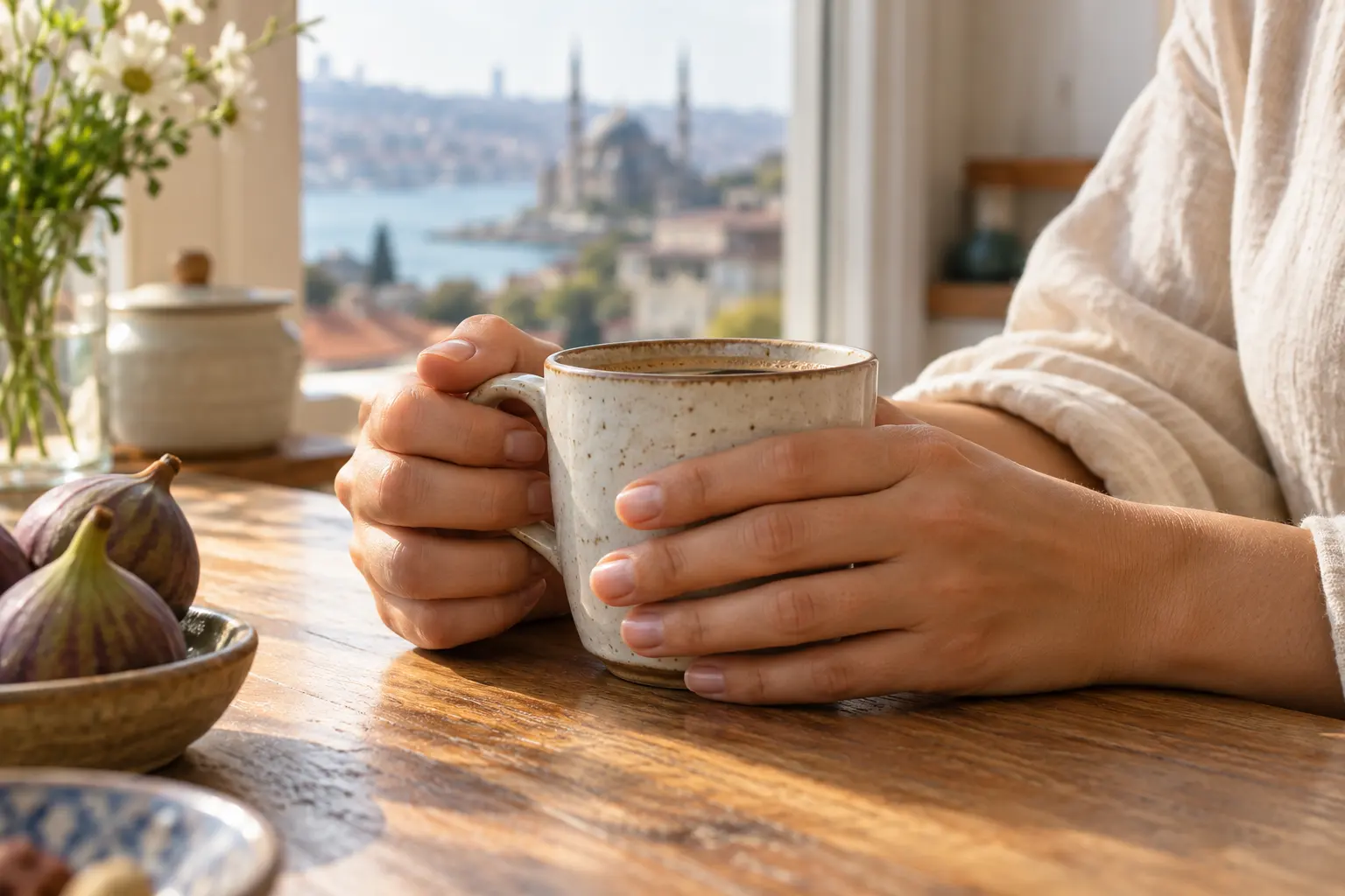 Pencere yanındaki ahşap masada seramik kahve fincanı tutan bakımlı kadın elleri