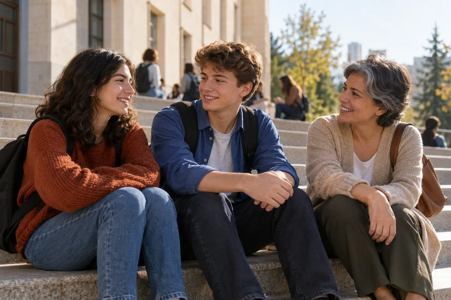 Okul merdivenlerinde bir veli eşliğinde sohbet eden iki lise öğrencisi