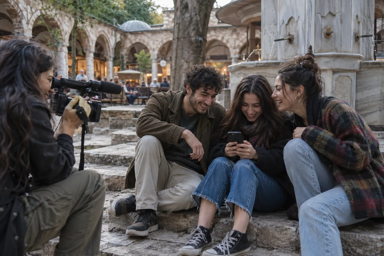 Bursa’da çeşmeli avluda telefonlarına bakıp gülen üç genç ve onları çeken kameraman.