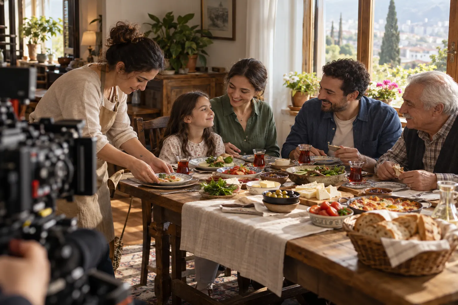 Kahvaltı sofrasındaki aile ve çekim sırasında tabak düzenleyen yemek stilisti