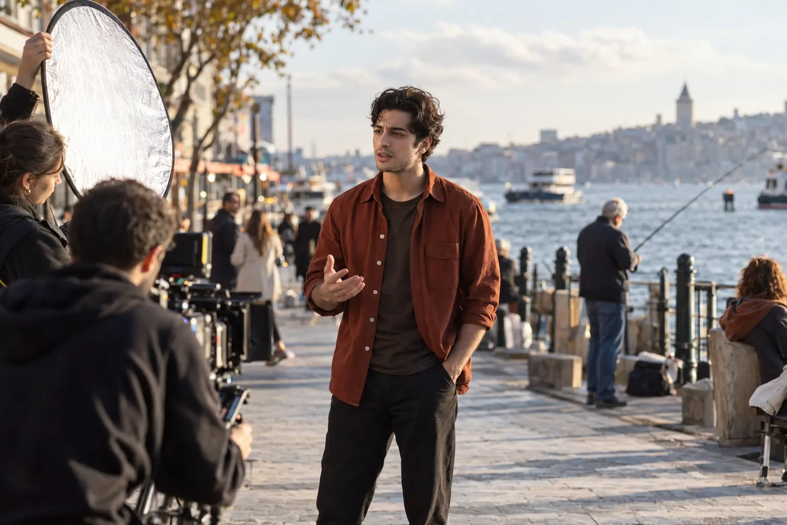 İstanbul Boğazı kıyısında genç oyuncu, kamera ve reflektörle çalışan ekiple replik prova ediyor.
