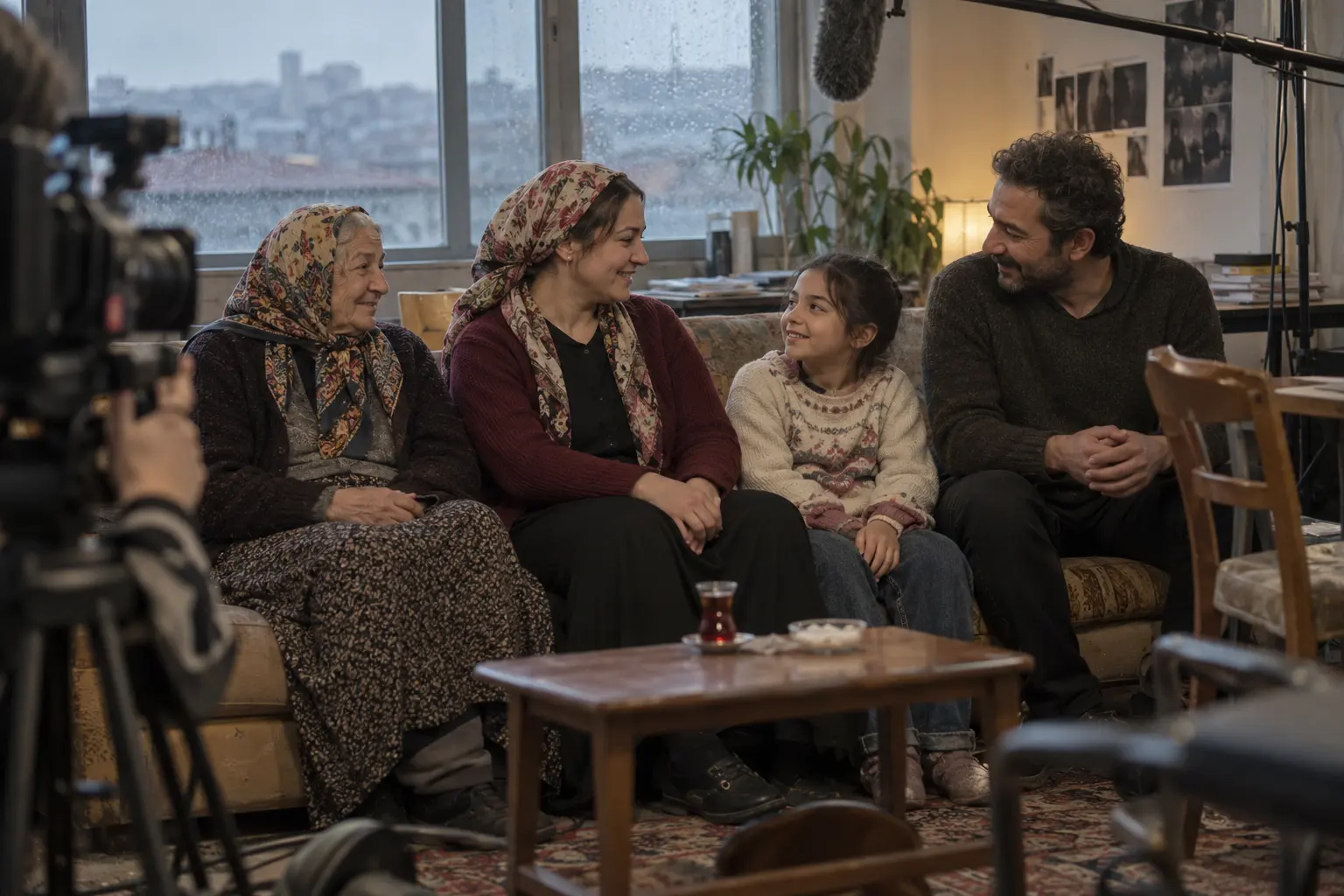 Üç kuşaktan bir aile, küçük ajans ofisindeki kanepede bayram ziyareti sahnesini prova ediyor.