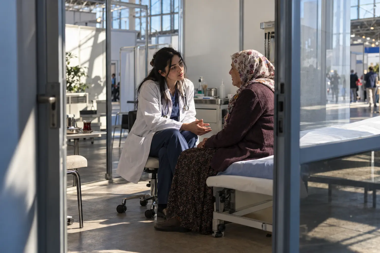 Modüler klinik dekorunda beyaz önlüklü genç kadın doktor, yaşlı hastayla konuşuyor.
