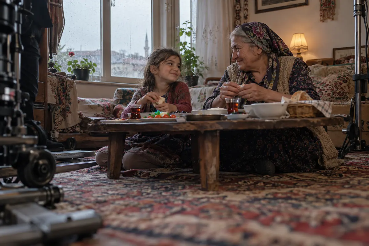 Reklam setindeki kahvaltı masasında oturan kız çocuğu ve büyükannesi.
