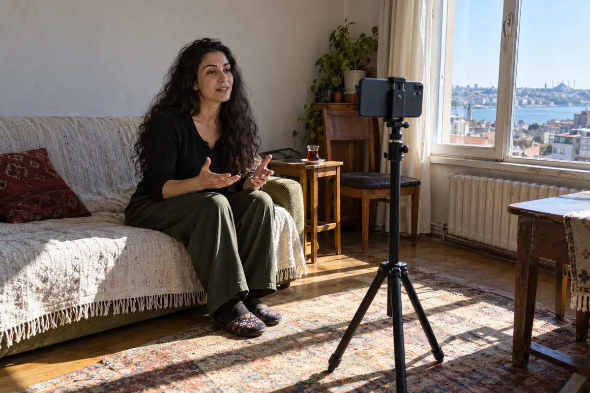Evinde pencere yanında tripod üzerindeki telefonla seçmeler için tanıtım videosu çeken kadın.